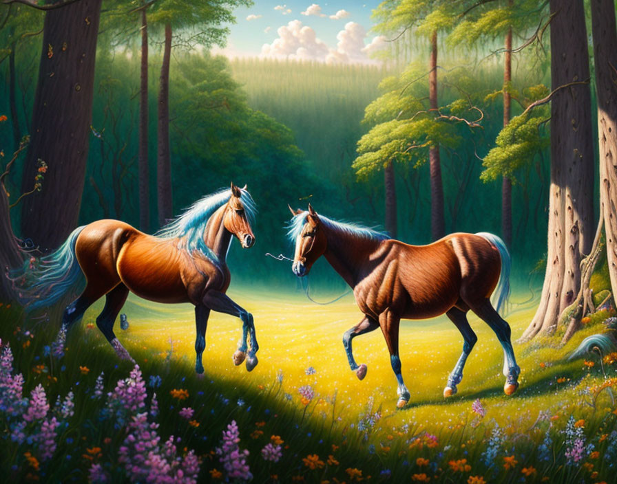 Majestic horses in enchanted forest with vibrant flora