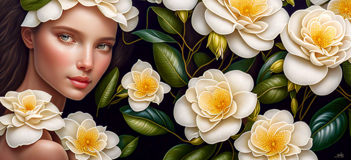 Detailed Illustration of Woman in White and Yellow Flower Surroundings