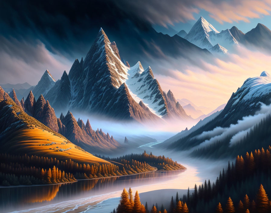 Mountain landscape at sunset: river, pine forests, snow-capped peaks