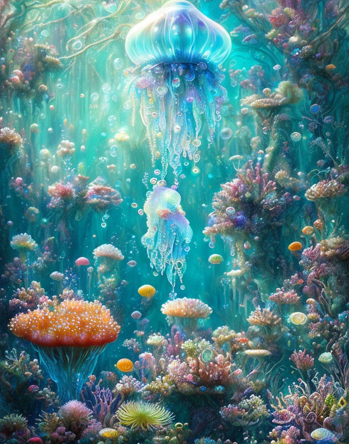 Colorful jellyfish and diverse corals in vibrant underwater scene