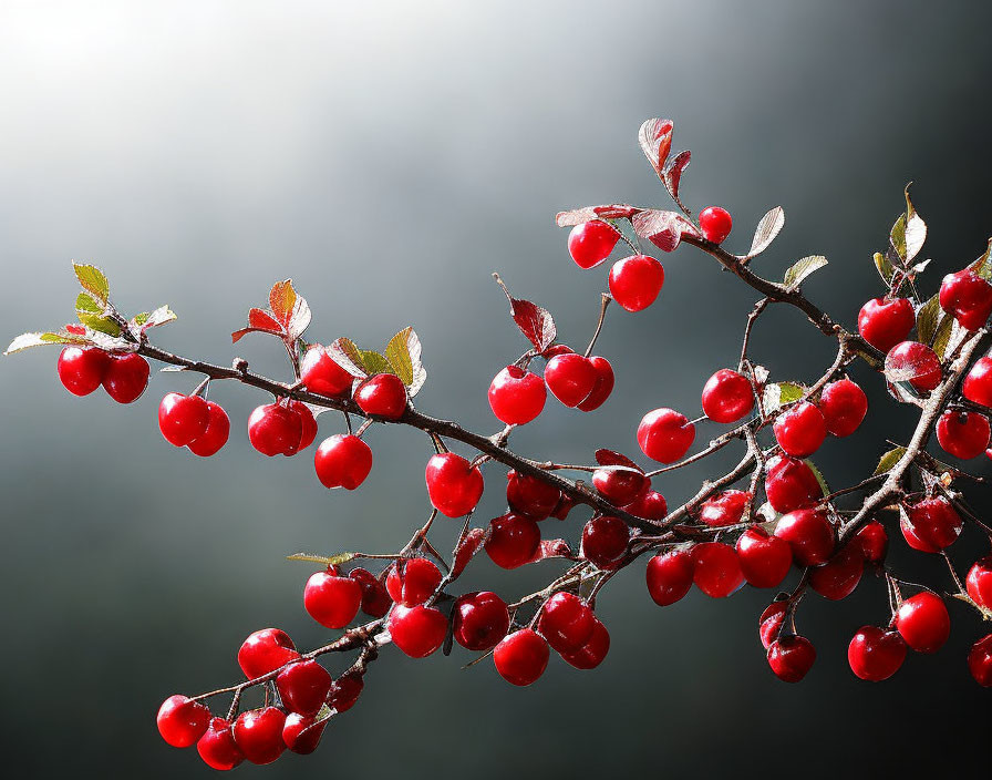 Vibrant red berries on water-droplet-covered branch against gray backdrop