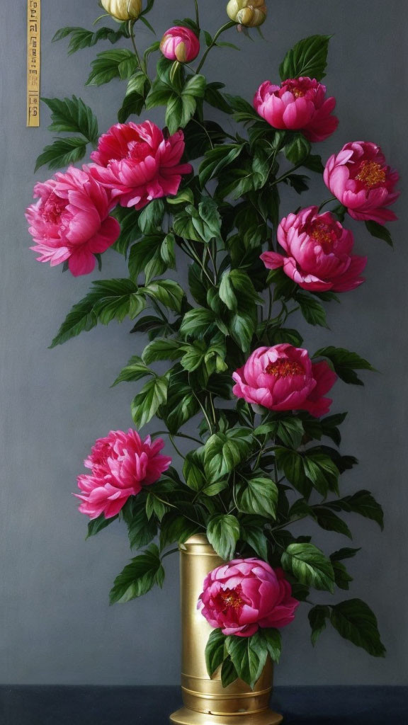 Pink peonies in tall vase with green leaves on gray background and measuring stick