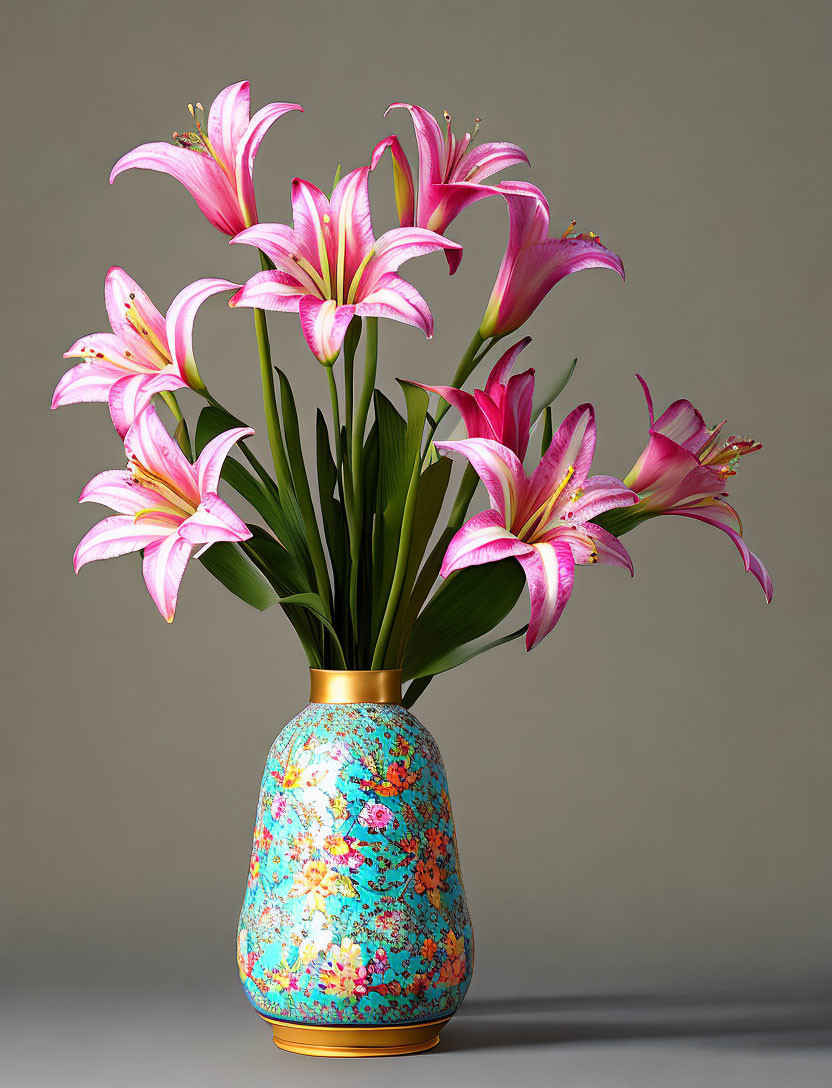 Pink lilies with dark speckles in blue and orange vase on gray background