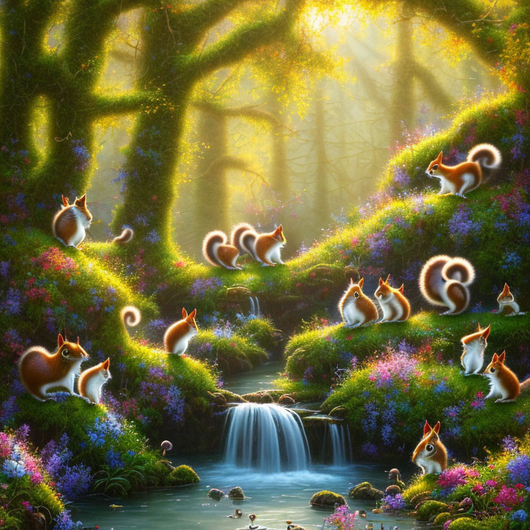 Enchanting forest scene with sunlight, squirrels, flowers, waterfall, and brook