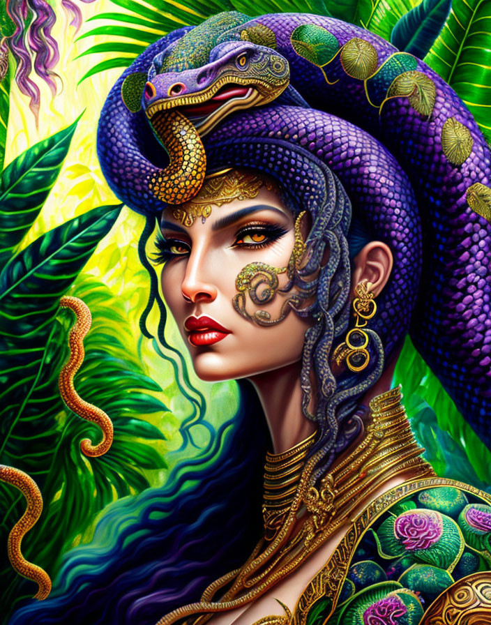 Illustrated woman with snake on head in lush greenery with vibrant colors and exotic patterns