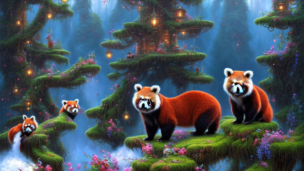 Three red pandas in mystical forest setting with spiraling trees and lantern-lit houses.