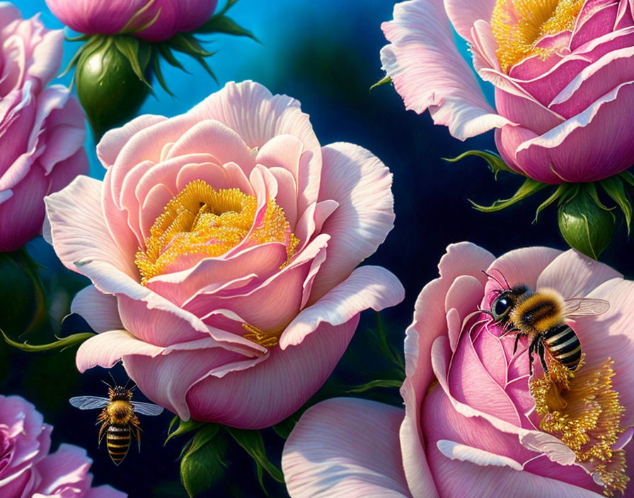 Detailed Pink Peonies and Bees on Blue Background