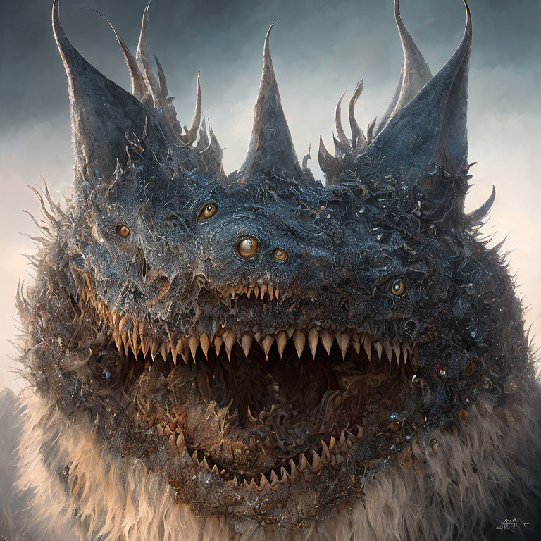 Fantasy creature with horns, multiple eyes, and jagged teeth in dark setting