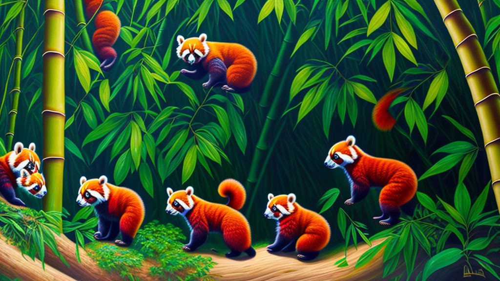 Colorful Painting of Seven Red Pandas Playing in Bamboo Forest