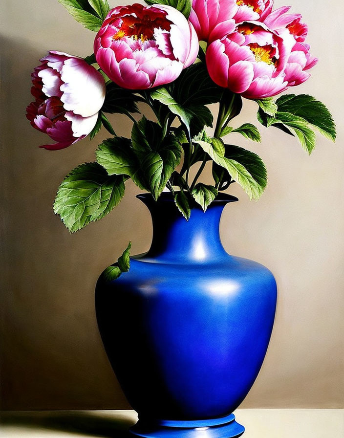 Pink and White Peonies in Cobalt Blue Vase on Beige Background