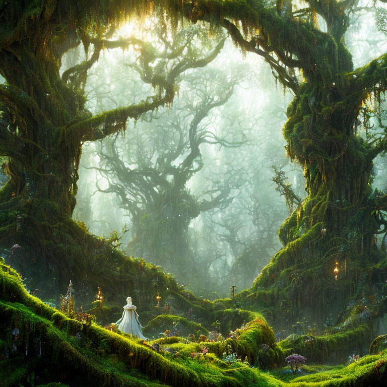 Mystical forest with moss-covered trees and woman in white dress.