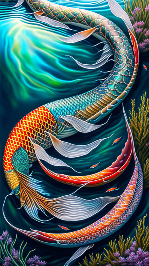 Colorful digital artwork of stylized koi fish in aquatic setting