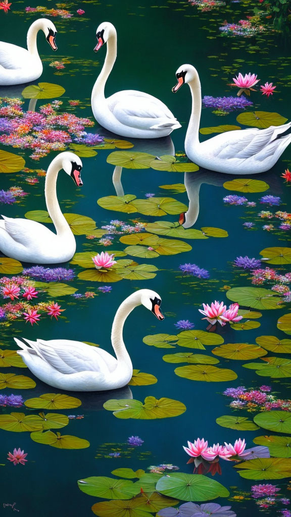 White Swans Swimming on Serene Pond with Water Lilies