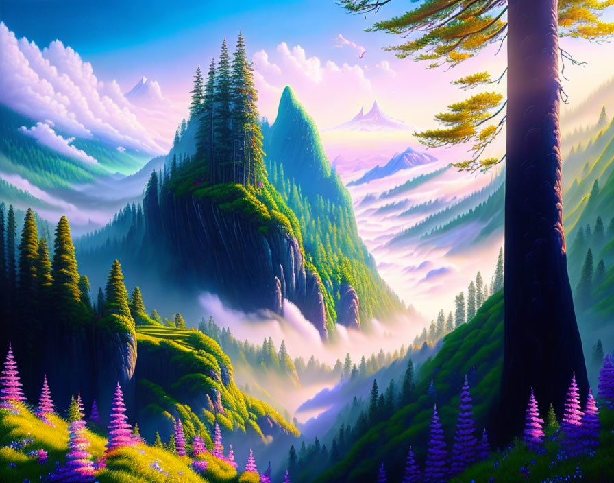 Lush greenery, purple flowers, towering trees in fantasy landscape