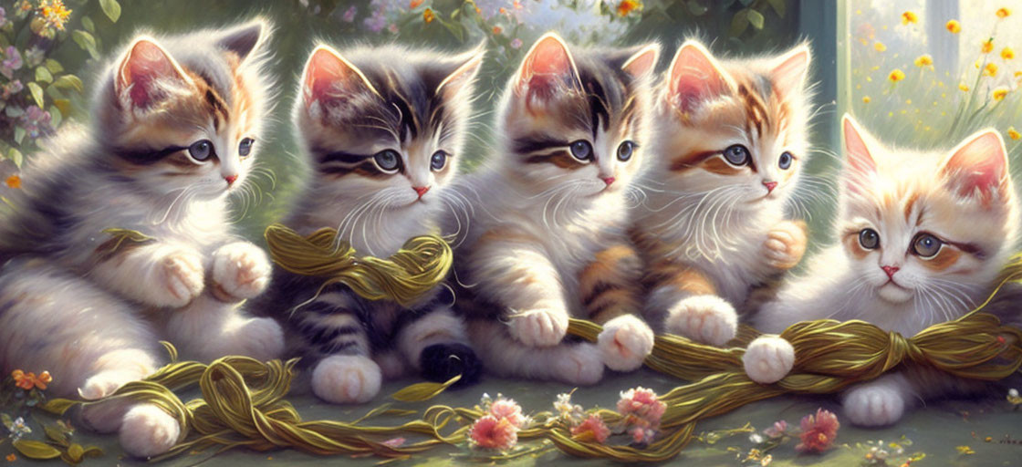 Five Fluffy Kittens Among Blooming Flowers and Yarn