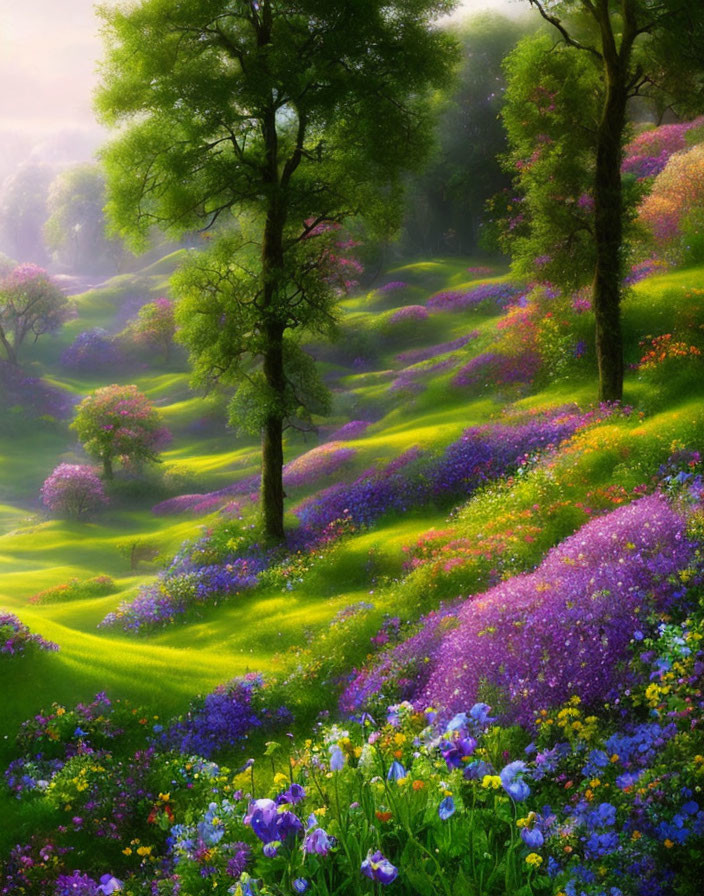 Colorful Wildflower Landscape with Misty Sky