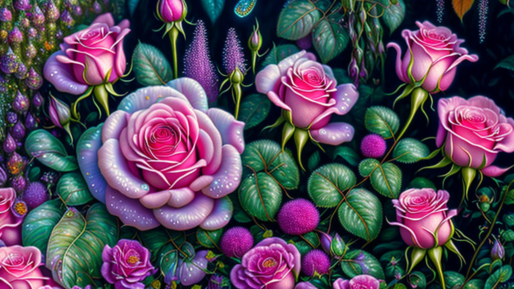 Colorful display of purple and pink roses with dewdrops and green foliage