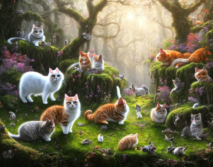 Enchanting forest scene with colorful cats lounging under soft light