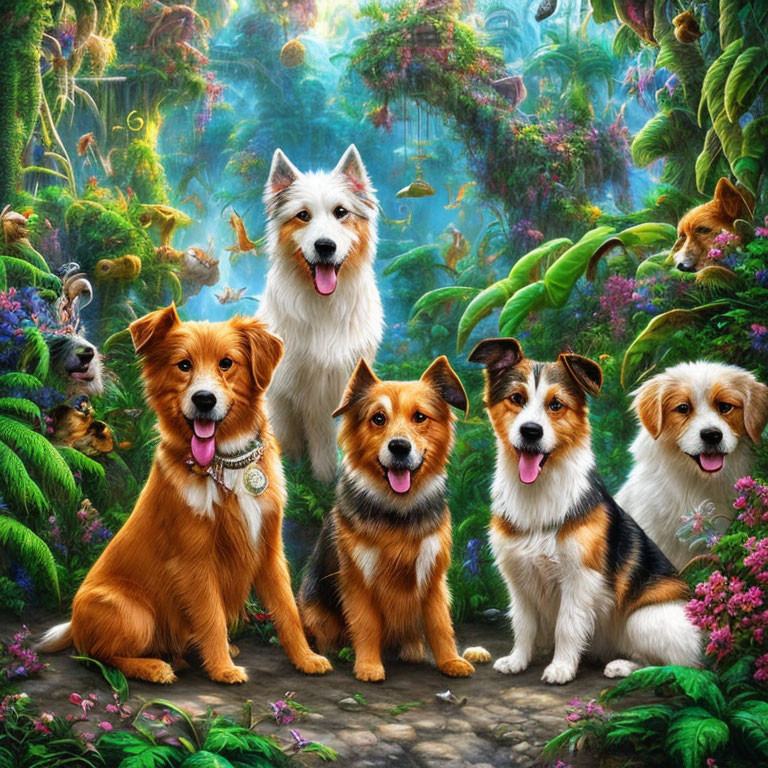 Five Dogs Sitting in Vibrant Forest with Floating Islands