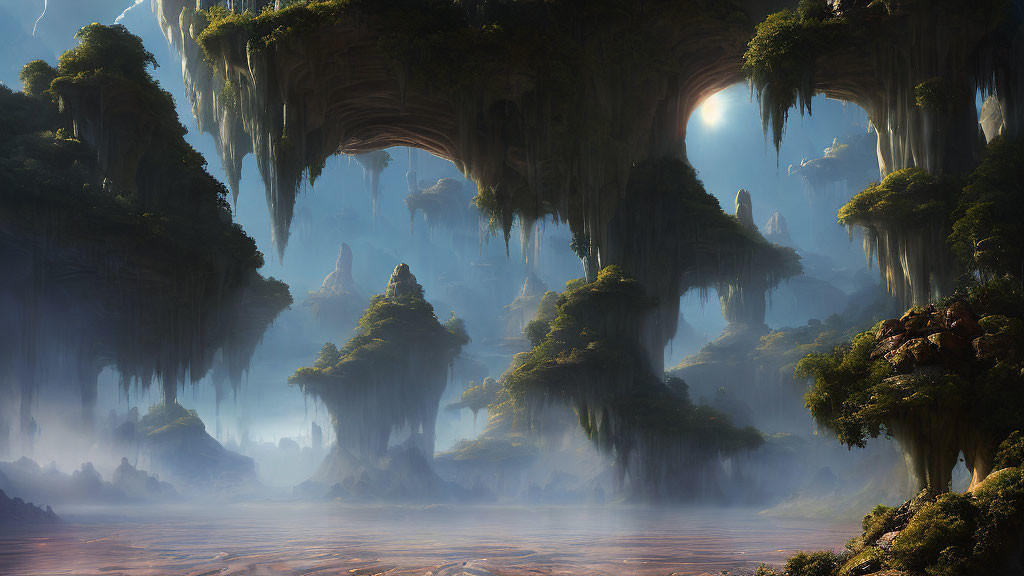 Mystical landscape with towering rock formations and lush greenery