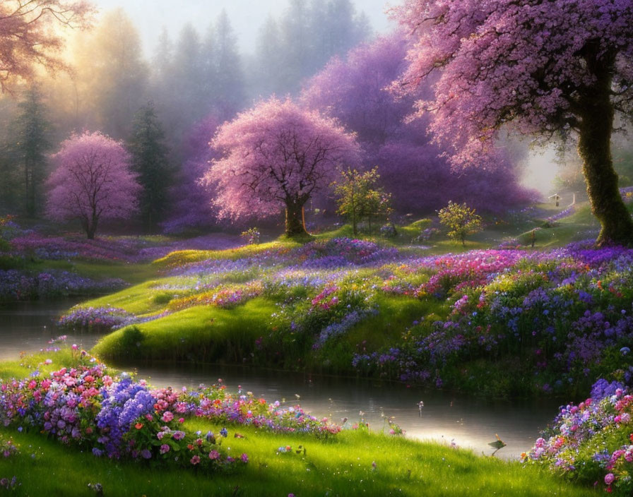 Tranquil landscape with pink and purple flowering trees, lush green hills, blossoms, and serene