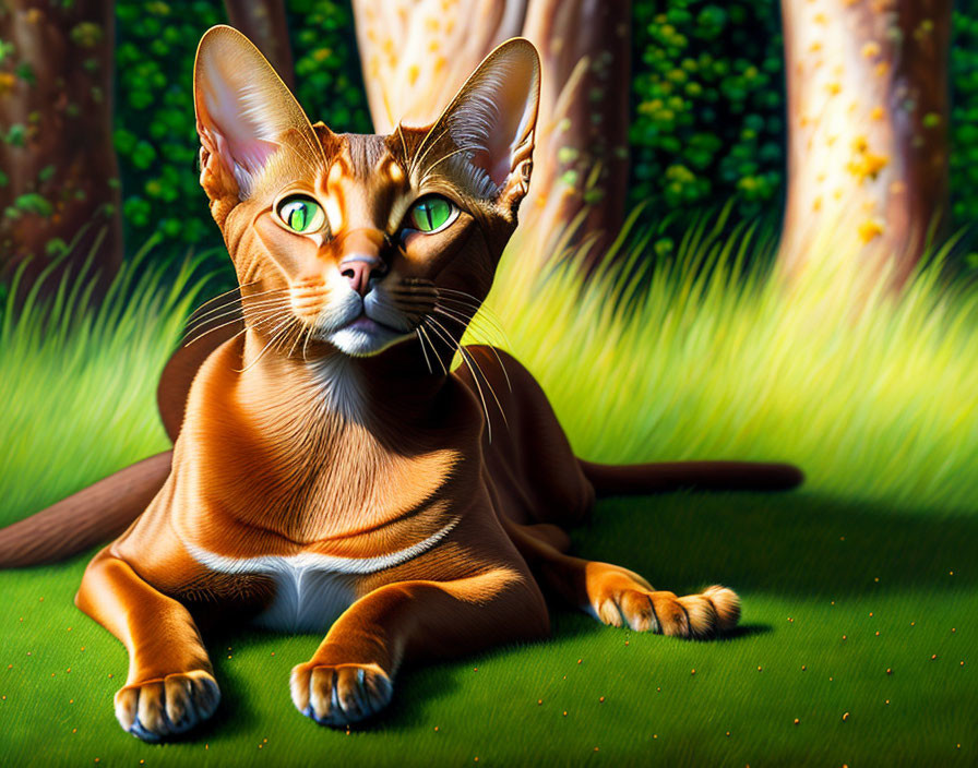 Vibrant orange cat with large eyes in sunlit forest clearing