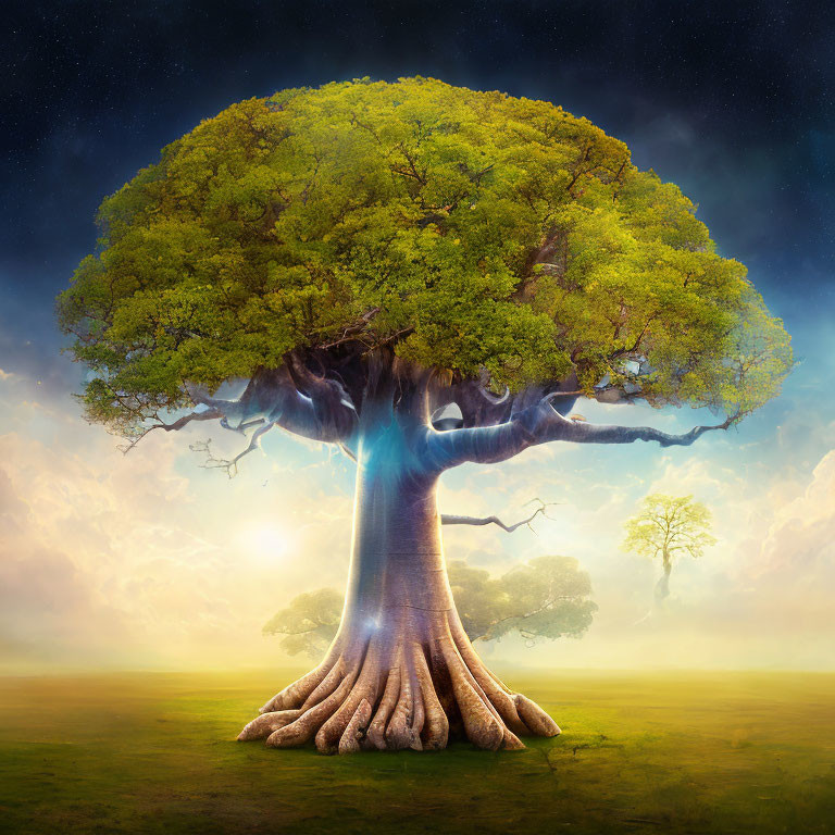 Majestic tree with thick trunk and lush green canopy in serene meadow at sunrise or sunset