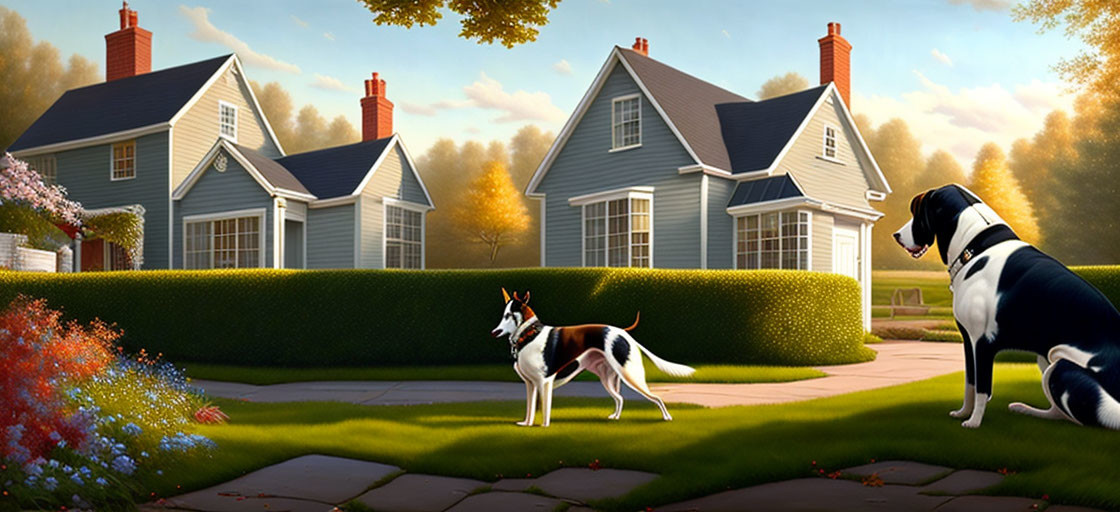 Two dogs in suburban street with lush gardens, one sitting, one standing