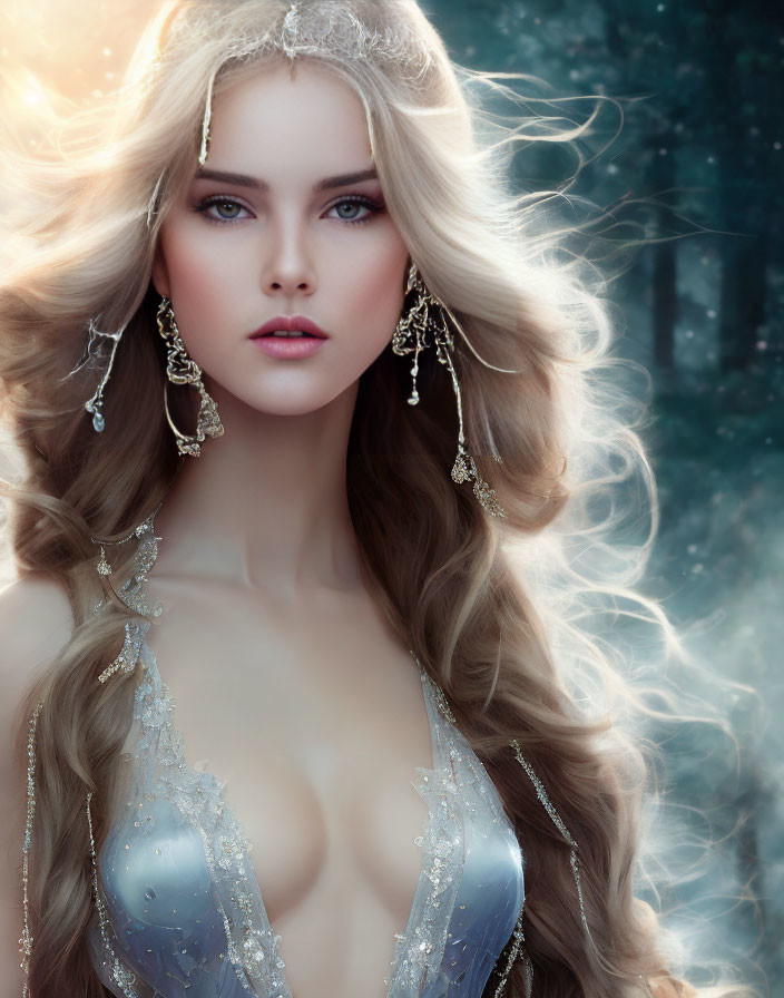 Ethereal woman with blond hair and purple eyes in shimmering gown.