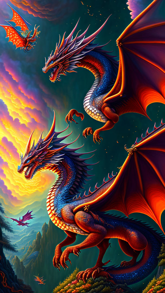 Majestic dragons flying over mountainous landscape at dusk