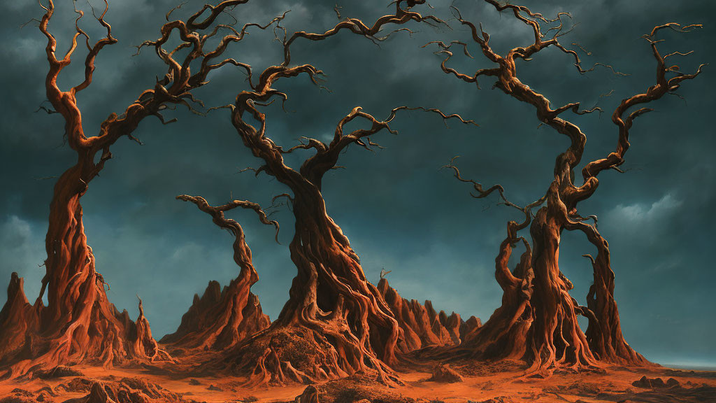 Barren, twisted trees in surreal landscape under dramatic sky