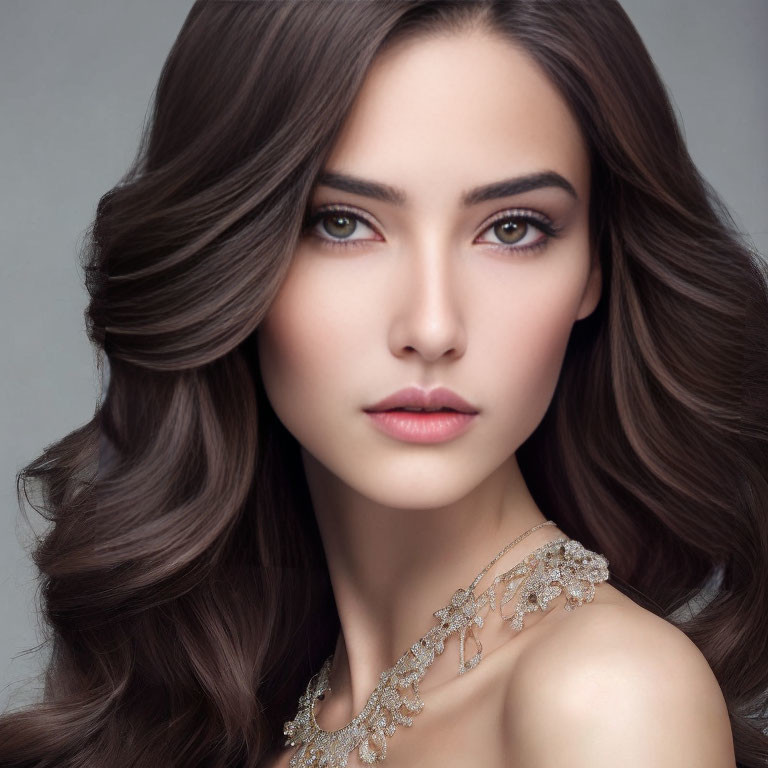 Woman with Voluminous Wavy Brown Hair and Striking Hazel Eyes in Elegant Attire