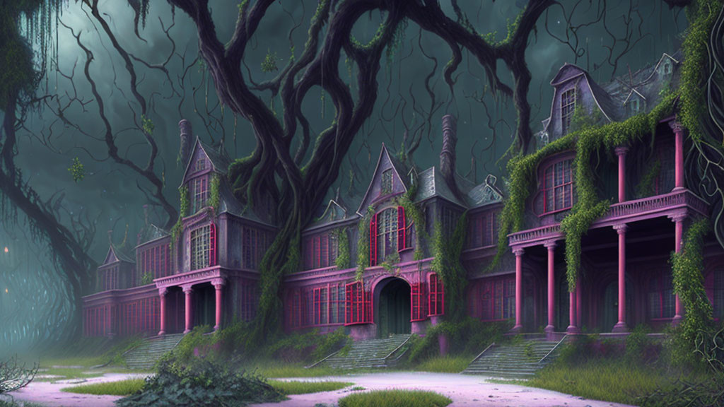 Gothic mansion in moonlit forest with twisted trees