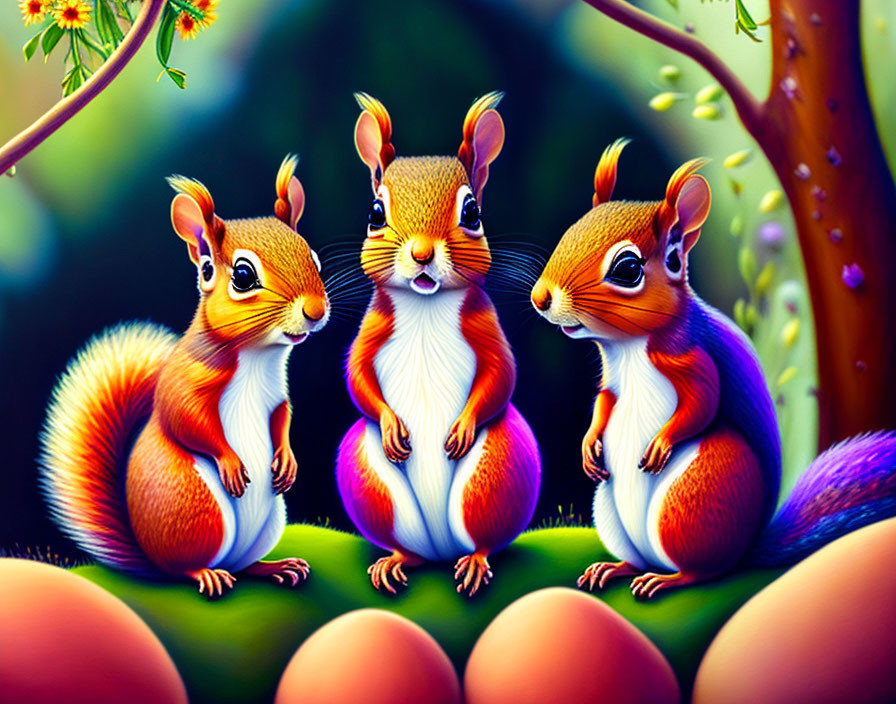 Colorful Squirrels Surrounded by Eggs and Flowers in Vibrant Forest