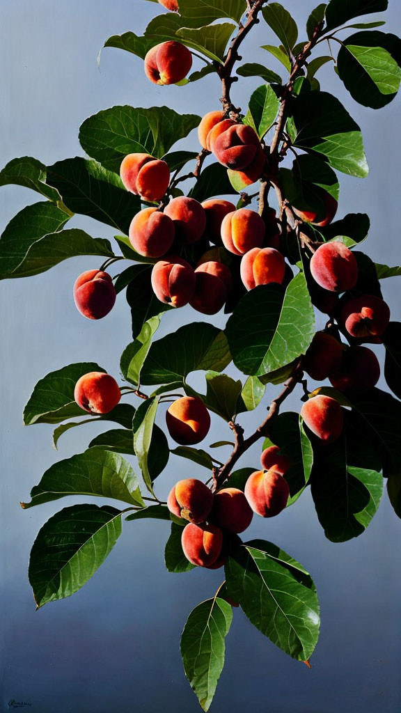 Colorful painting of ripe peaches on tree with green leaves on blue background