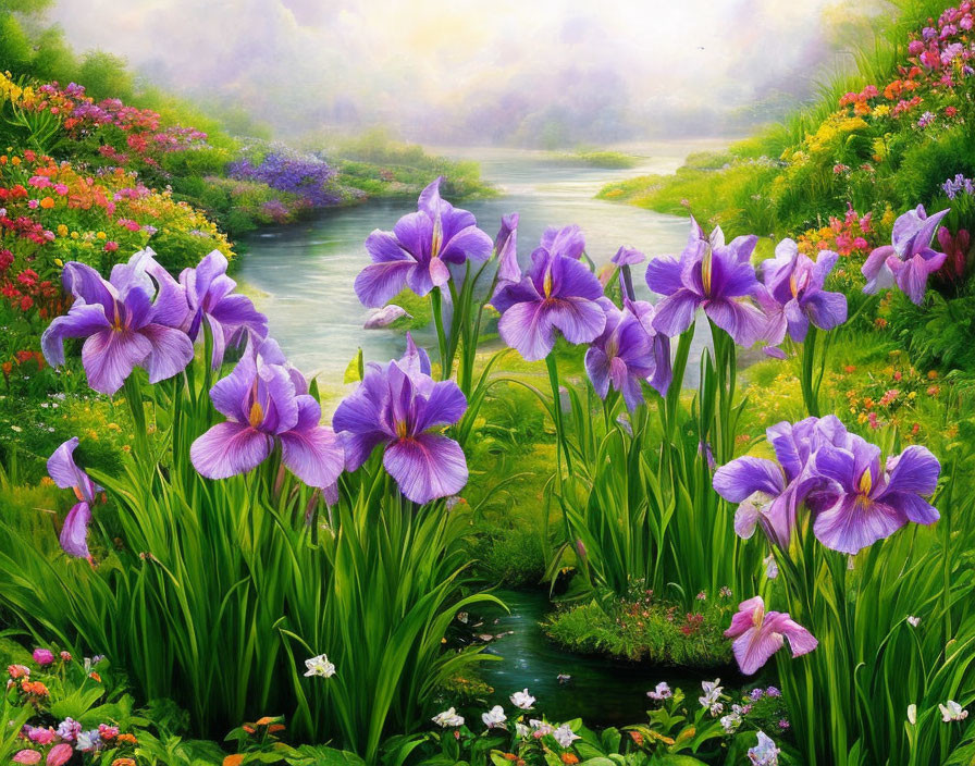 Lush Greenery with Purple Irises and Flower-Lined Stream