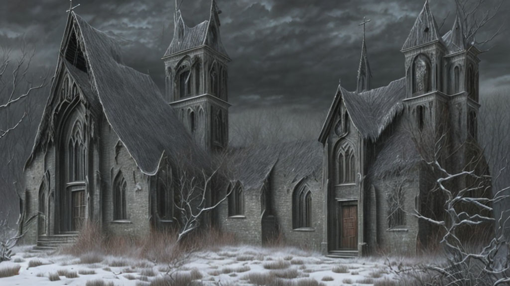 Gothic-style church in snowy winter landscape with bare trees