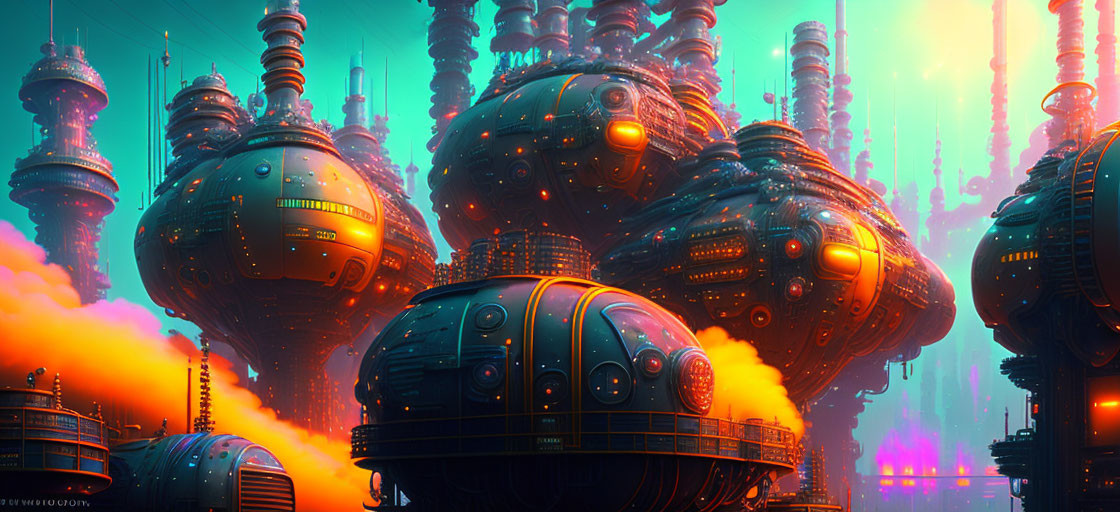 Futuristic cityscape with spherical structures in glowing mist under pastel sky