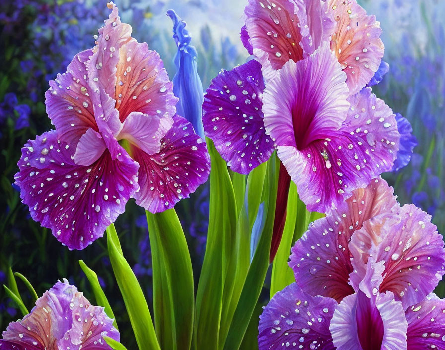 Purple Iris Flowers with Water Droplets on Petals in Blurred Floral Background