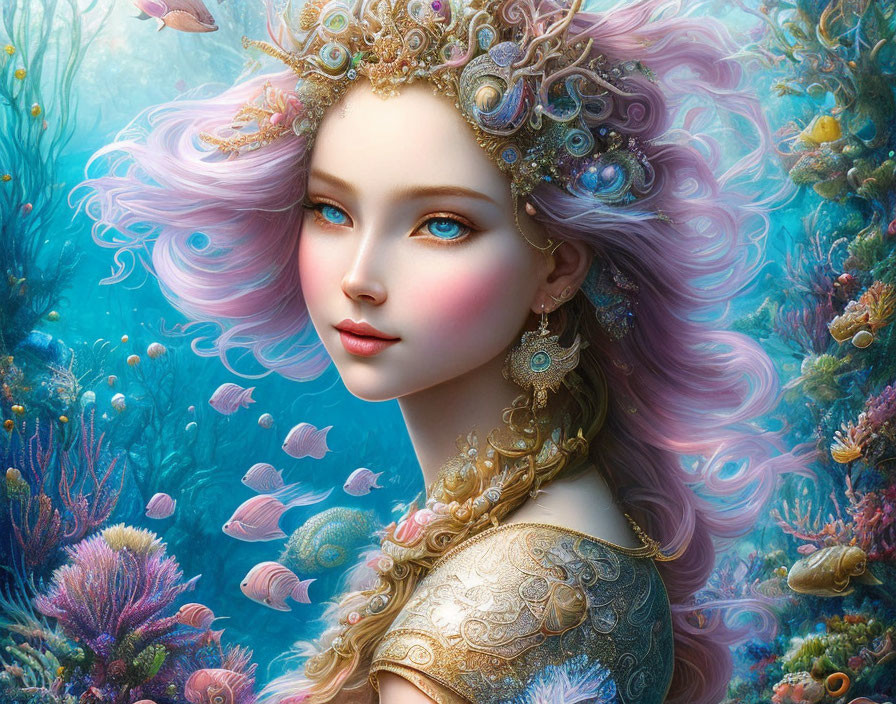 Fantasy portrait: Woman with pastel hair and golden jewelry in underwater scene