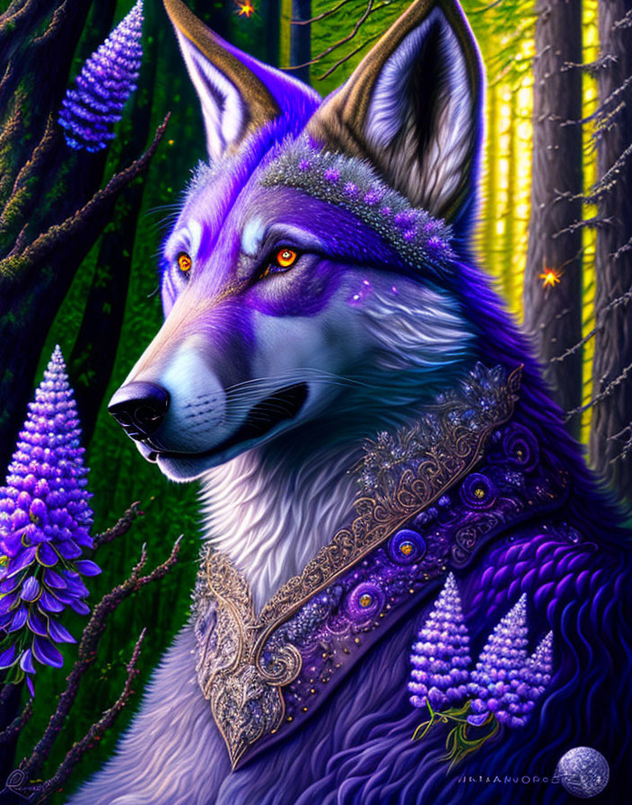 Majestic purple wolf with jeweled collar in enchanted forest