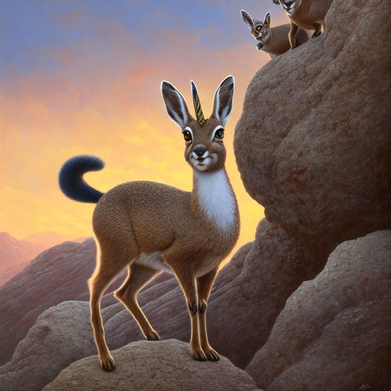 Stylized animated dik-diks on rocky terrain with warm orange sky