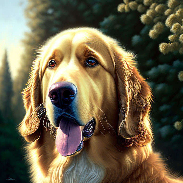 Golden retriever sitting in front of blurred forest backdrop with shiny coat and attentive eyes.