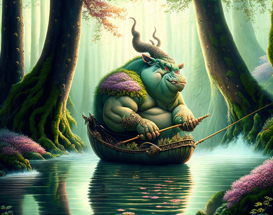 Fantasy illustration of green troll fishing in serene forest river