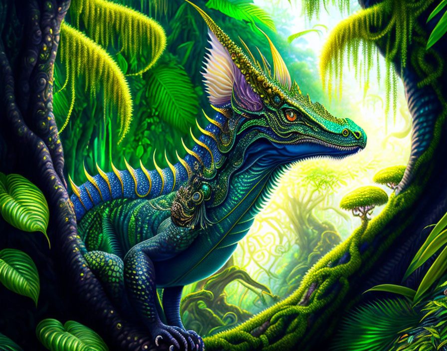 Colorful digital painting of blue and green dragon in lush jungle