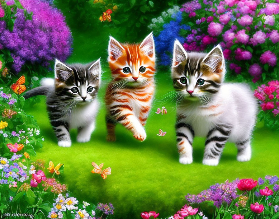 Three Kittens in Colorful Garden with Greenery and Flowers