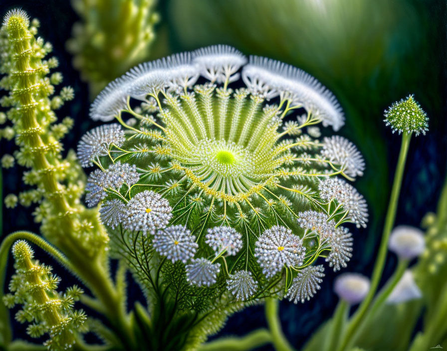 Detailed Green and White Plant Painting on Dark Background