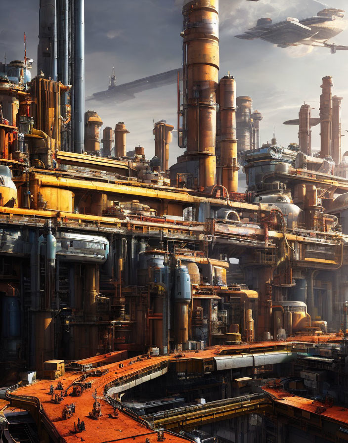 Sci-fi industrial cityscape with towering structures and flying ships