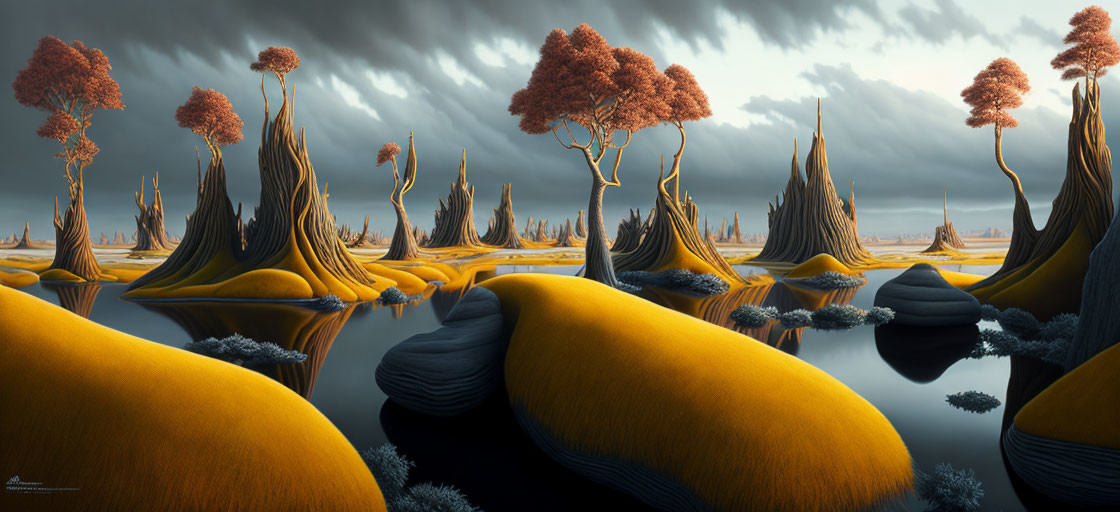 Surreal landscape: golden dunes, dark water, spire-like hills, stormy sky