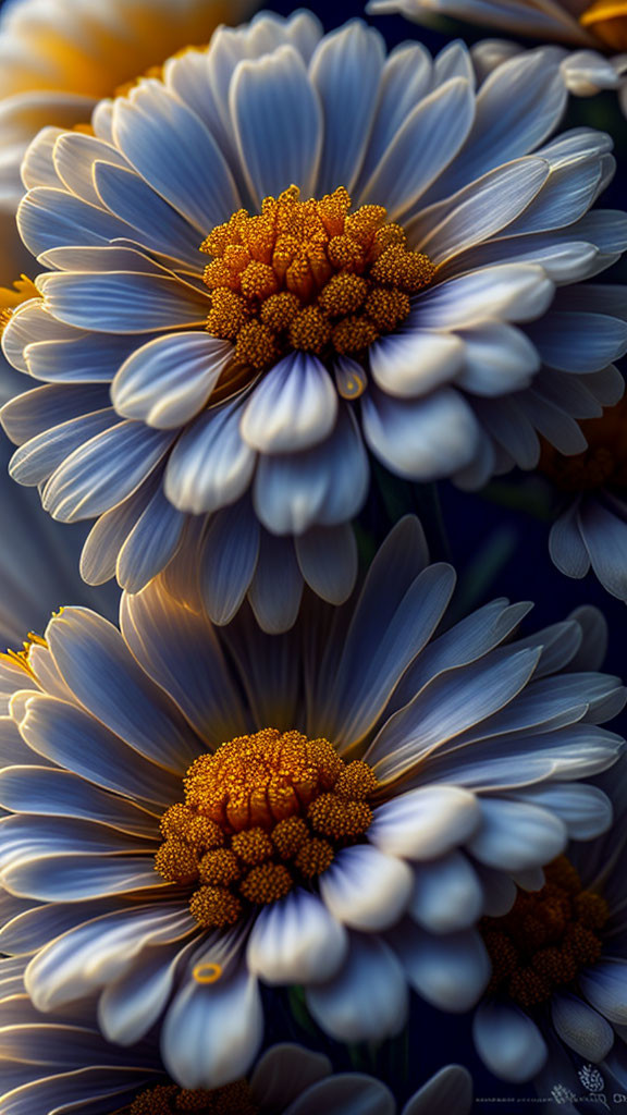 Close-up of white daisies with golden yellow centers in soft sunlight.